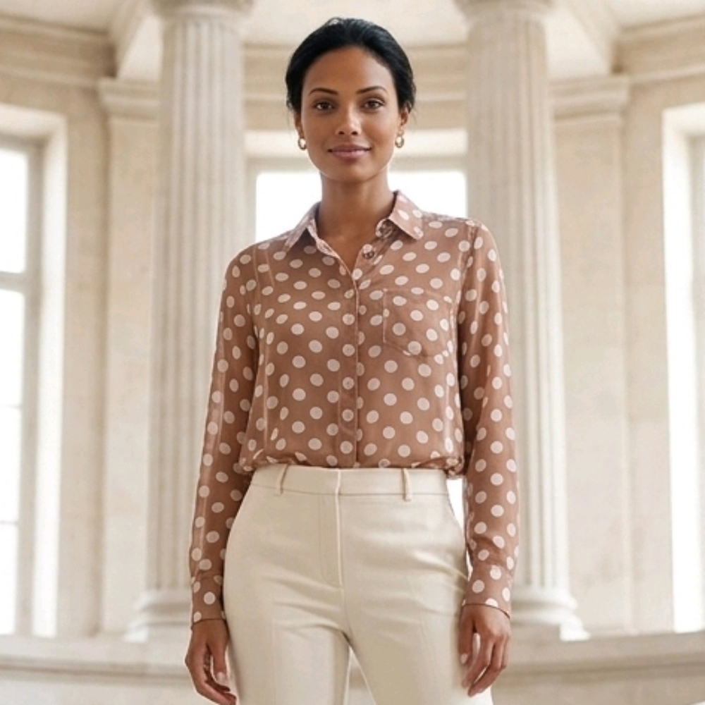 Vintage Timing Tan and Ivory Polka Dot Button Down Blouse